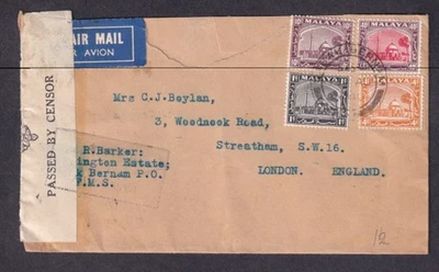 Malásia Segunda Guerra Mundial 1940 Selangor Sabak Bernham 4 cores capa censurada para Londres - Imagem 1 de 2