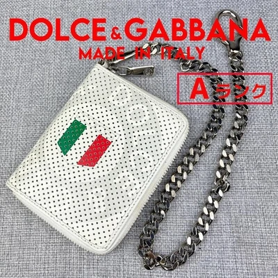 状况良好 Dolce Gabbana 拉链链条钱包冲孔皮革真皮白色 — 第 1/4 张图片