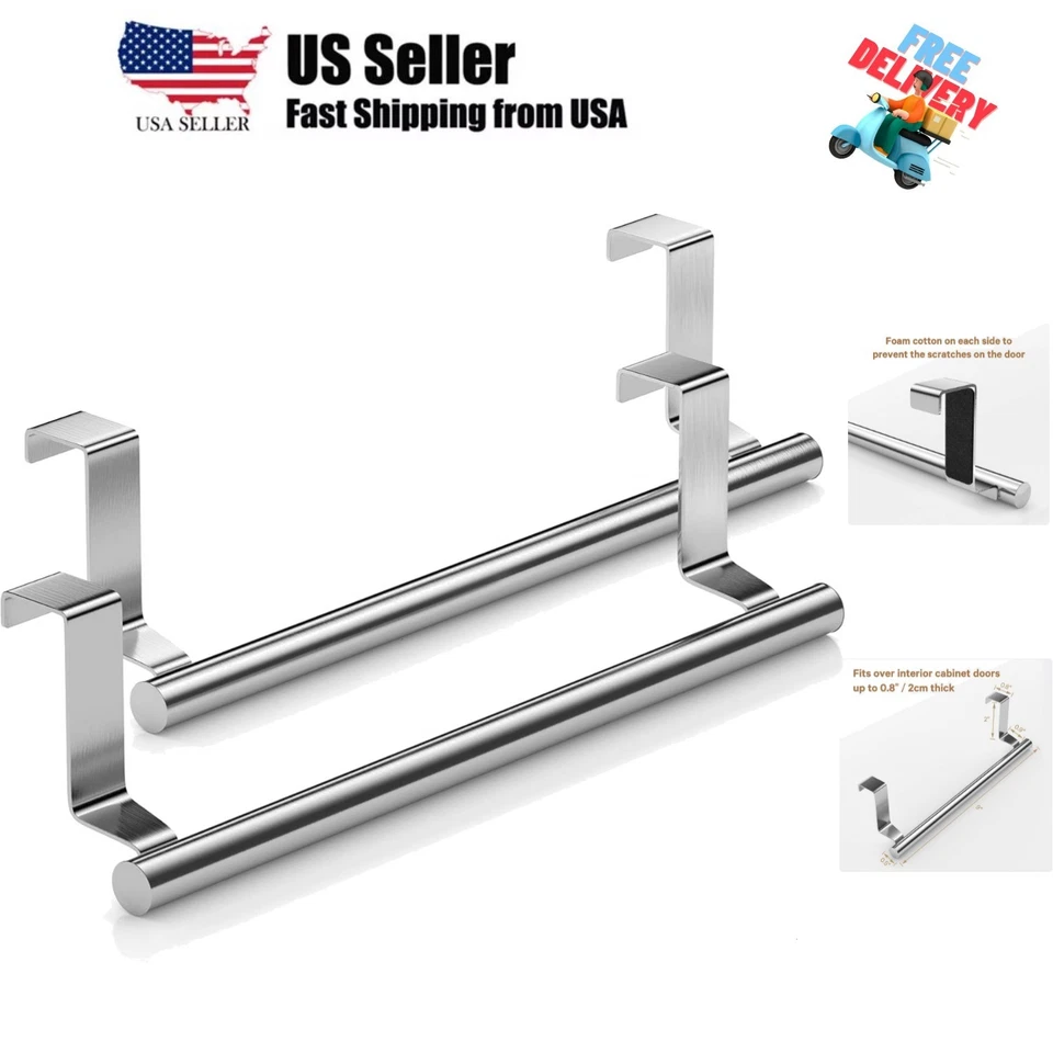 Mosuch Stainless Steel Over Door Towel Rack Bar Holders for Universal Fit on Cabinet Cupboard Doors Pack of 2