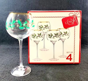 Lenox Christmas Wine Glasses New Holiday Balloon Set of 4 Holly Berry  16 Oz - Picture 1 of 15