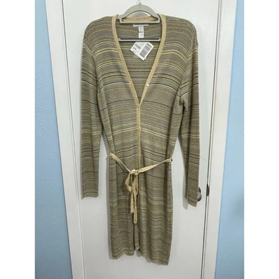 Casual Corner Long Knit Cardigan Sweater XL Metallic Gold Striped Y2K  NWT - Image 1 of 4