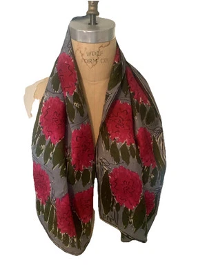 VERA NEUMANN  SILK  RAYON Scarf Bold Red Chrysanthemum Grey Background 14” X 45” - Image 1 of 4