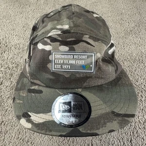 Snowbird Resort Hat Cap Strap Back One Size Camo 5 Panel Patch Mens New Era - Picture 1 of 10