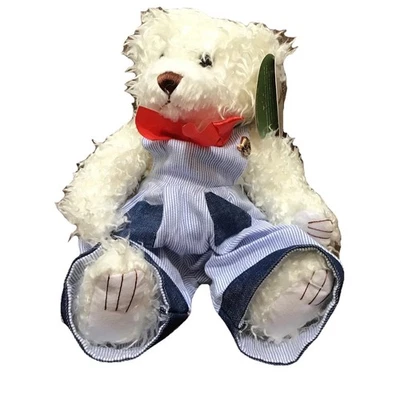 First & Main Scraggles White Teddy Bear Fuzzy Face Blue Overalls & Bow New - Image 1 of 4