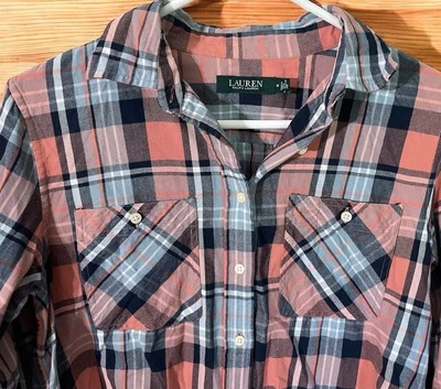 Camisa Para Mujer Vintage Ralph Lauren Lino Pastel Cuadros Calce Relajado Botón Med Foto 1 de 4