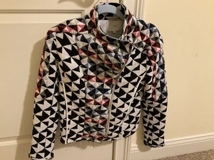 Chaqueta Rara IRO Paris OTAVIA Texturizada Tejida Cremallera Fray Negra Roja Geométrica Mod Pequeña - Imagen 1 de 5