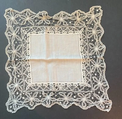 Vintage White Fancy Linen  lace Edwardian Handkerchief - Image 1 of 4