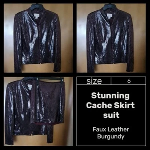 Stunning Cache women's Skirt Suit faux Leather size 6 Burgundy zipper Mini HQ - Picture 1 of 1