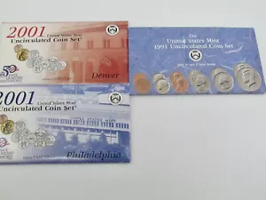 3 Uncirculated Mint Sets 1991 2001 Coins Denver Philadelphia Original Envelopes - Picture 1 of 7