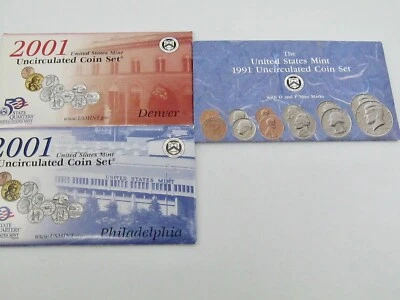3 Uncirculated Mint Sets 1991 2001 Coins Denver Philadelphia Original Envelopes - Image 1 of 4