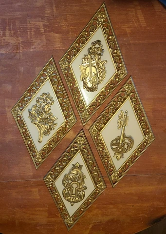 Vtg set/4 Gold Key & Floral diamond Hollywood Regency Wall Plaques Dart Ind  MCM Cover
