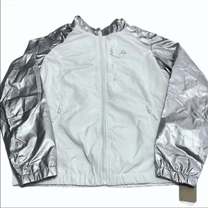 Reebok Women Jacket Outerwear Windbreaker Silver White Hood Size L MSRP $130 NWT - Picture 1 of 12