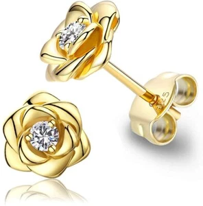 18K Gold Plated 925 Sterling Silver 3D Rose Flower Earrings Studs Gift For Women - Picture 1 of 6
