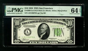 1934 $10 Federal Reserve Note Fr 2005-Lm Mule San Francisco Bank FRN PMG 64 EPQ - Picture 1 of 2