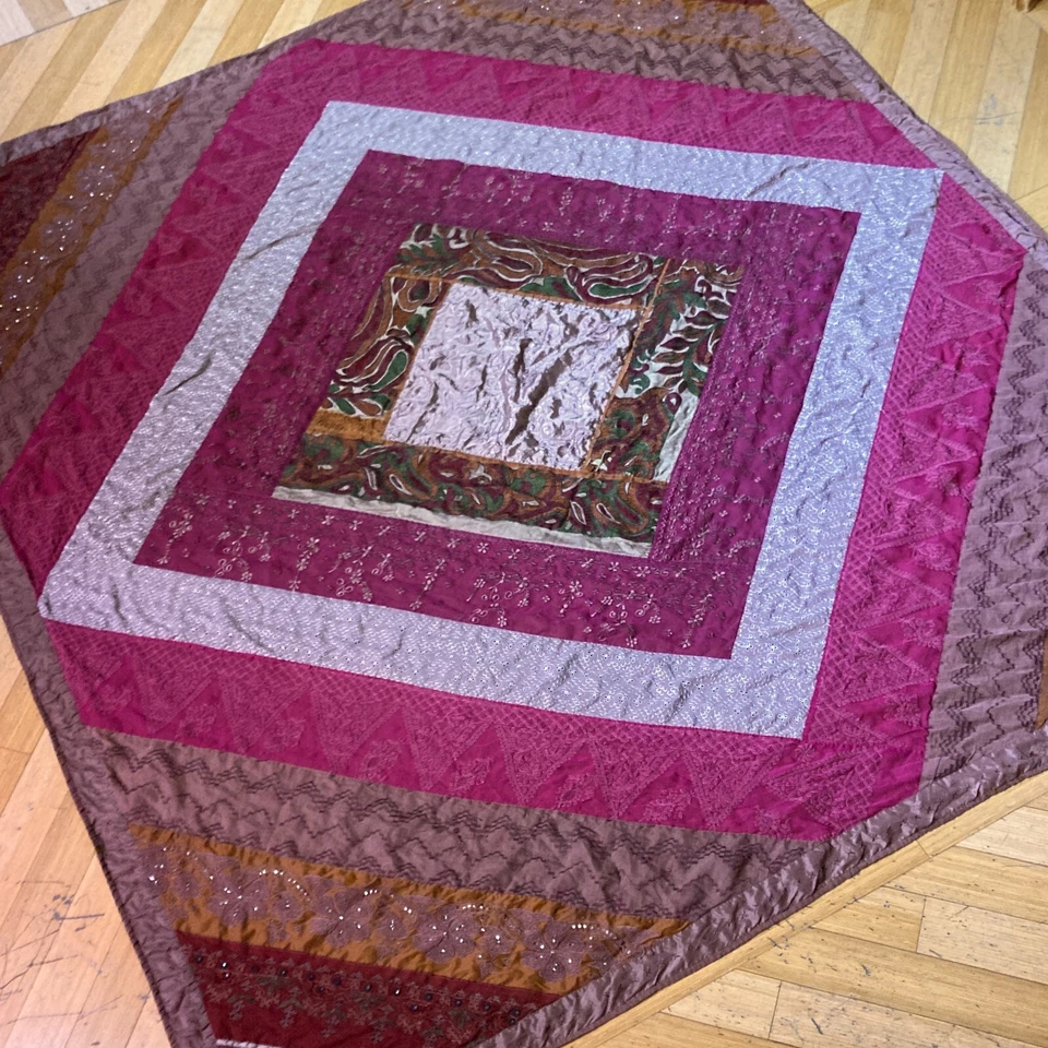 Vtg 90s handmade Indian kantha embroidered patchwork boho quilt queen king silk - Image 1 of 4