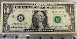 91999111 Trinary Repeater Fancy Serial Number One Dollar Bill - Picture 1 of 4