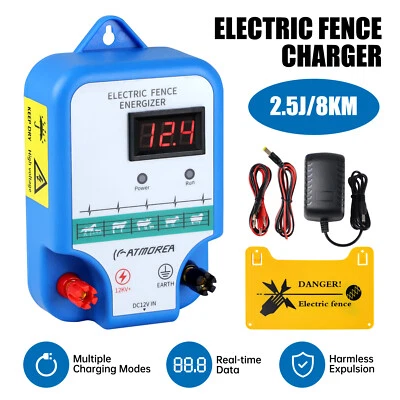 ATMOREA AC Powered Fence Charger LCD Display 2.5J Electric Fence Energizer for Livestock