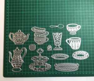 13pcs Decorative Embossing Tea Party Die Set - Cups - Tiered Cake Stand - Spoon - Picture 1 of 3