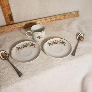 Vintage 78 Gold Trim Avon Strawberry Teacup and Saucers w Two 80s Jelly Spoons - Picture 1 of 9