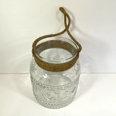 Glass Decorative Candle Lantern with Rope Handle Chicken Rooster Pattern 8" Tall - Image 1 of 4