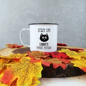 Personalisierte Crazy Cat Tasse 380ml Dose Metall Emaille Becher Halloween Kaffeetasse - Bild 1 von 23
