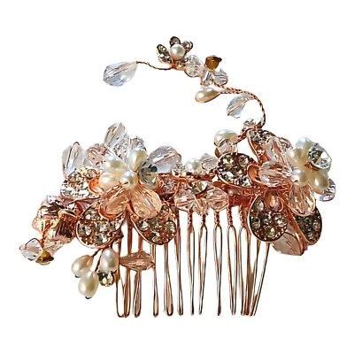 Hair Comb Flower Brushed Gold and Ivory Pearl and Crystals 4in - Image 1 of 4