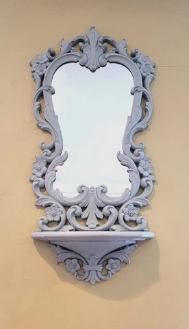 Gorgeous Vintage Rocco Style Mirror with Shelf Gingham Blue Ready To Hang Cover