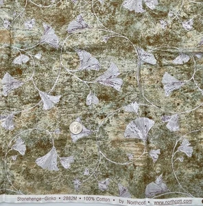 STONEHENGE - GINKO by Northcott - Silver Flowers on Tan Green Background 2 yds - Picture 1 of 1