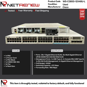 Cisco Catalyst WS-C3850-12X48U-L 48-Port(12x MultiGB) UPOE w/C3850-NM-2-10G - Picture 1 of 1