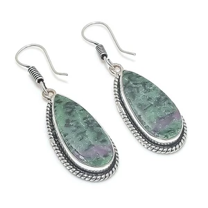 Natural Ruby Zoisite Gemstone 925 Starling Silver Jewelry Earring Size 1.75" - Picture 1 of 1