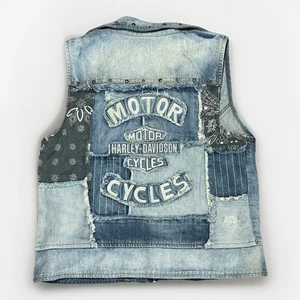 Harley Davidson Patchwork Denim Full Zip Gilet Borchie Biker Grunge Donna Tg M - Foto 1 di 6