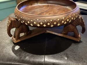 12”Inlaided Wooden Bowl w/3 Hand Carved Inlay Elephant Stand, India, Africa - Picture 1 of 7