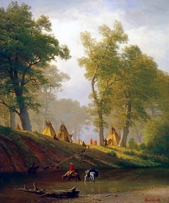 PINTURA DEL RÍO LOBO INDIOS DEL RÍO KANSAS CABALLO RÍO POR ALBERT BIERSTADT REPRO Foto 1 de 3