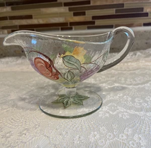 American Atelier Pompeii Fruit Hand‑Painted Crackle Glass Pedestal Gravy Boat - Picture 1 of 7