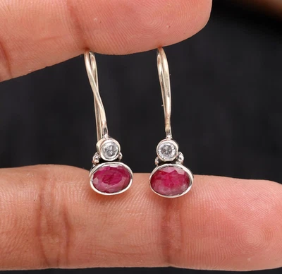 Solid 925 Sterling Silver Drop Red Ruby Earrings Handmade Hook Wedding Earrings - Image 1 of 4