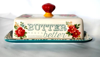 Pioneer Woman винтажное блюдо с цветочным узором масло керамика бирюзовый красный кремовый - Изображение 1 из 4