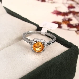 Genuine Citrine Halo Ring 925 Sterling Silver Round Yellow Gemstone Jewelry Gift - Picture 1 of 12