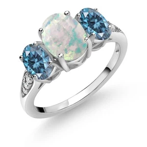 10K White Gold White Simulated Opal Persian Blue Moissanite and White Lab Grown - Picture 1 of 5