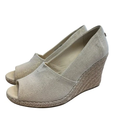 TOMS MUJER TACONES CUÑA TALLA 10 ORO CREMA LONA ALPARGATAS PEEP TOE  Foto 1 de 4