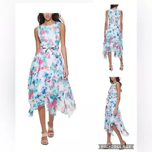 Calvin Klein Women’s Floral Print Sleeveless Front Tie Belt Flare Dress Sz 4. - Picture 1 of 19