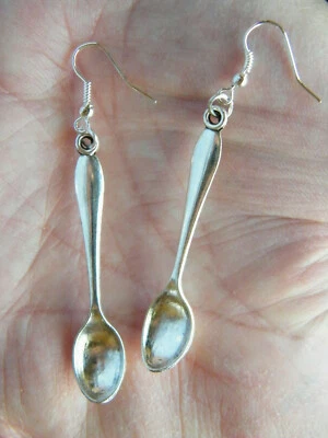 SILVER SPOONS Earrings Culinary Cook Offs 2" Spoon Charms Silver Ear Wires NEW! - Image 1 of 4