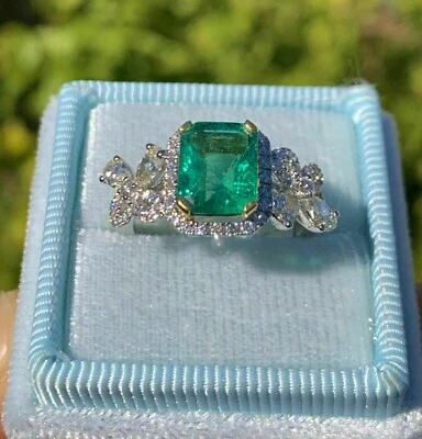 Anillo de boda de diamantes y esmeraldas naturales de 3,08 quilates de plata de ley 925 de 6 Foto 1 de 4