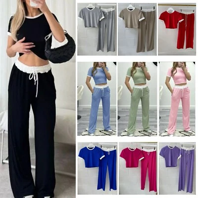 Ladies Short Sleeves Ribbed Contrast Crop Top and Flared Trouser Set Co Ord Set