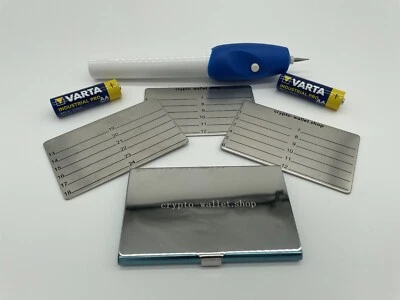 3 Hochsicherheits-Krypto-Stahlplatten-Set mit Case, Gravierstift und Batterien  - Bild 1 von 4