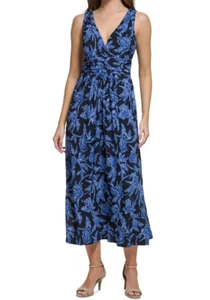 Tommy Hilfiger Size 12 Blue Black Long Sleeveless V-Neck Maxi Dress New W/Tags - Picture 1 of 8