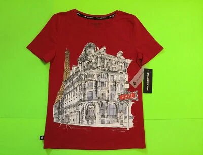 KARL LAGERFELD Paris Women’s Shirt Sleeve T-Shirt Size X-SMALL Red w/White - Image 1 of 4