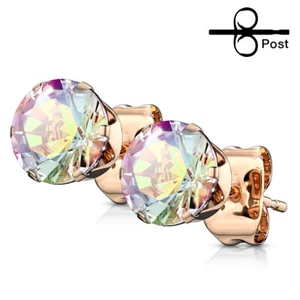 Aurora Borealis CZ Stud Earrings Rose Gold IP Stainless Steel 3mm-8mm (Unisex) - Picture 1 of 1