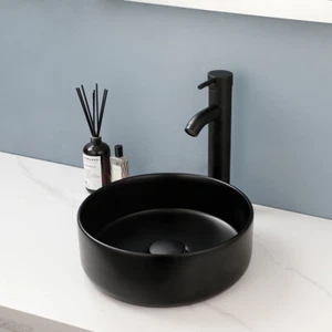 Ceramic Round Bathroom Black Vessel Sink Basin Washing Deck Mount Bowl Drain Tap - Picture 1 of 8