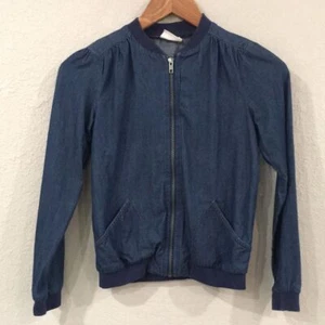 Crazy 8 Girl L 10/12 Jean Jacket Dark Wash Zip 100% Cotton Bomber Ruched Pockets - Picture 1 of 8