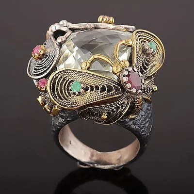  Osman RING aus geschwärztem Silber mit Prasiolith, Smaragd und Rubinen - Bild 1 von 2